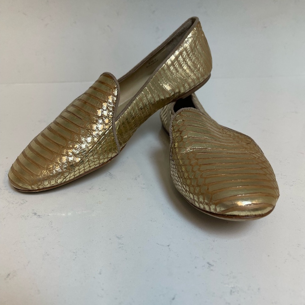 Brian Atwood gold, leather loafers